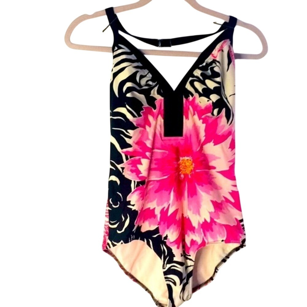 Christina One Piece Swimsuit Womens 16 Pink Black Floral Zebra V-Neck Scoop Back